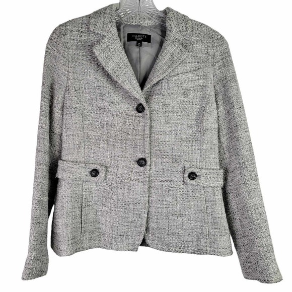 Talbots Blazer Jacket Womens Size 8p Petite Gray Two Button Tweed Metallic - Picture 2 of 8